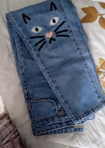 Vintage Love Kadın Mavi Baskılı Tüylü Sokak Stili Jean