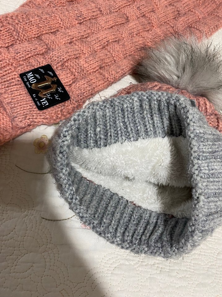 Pembe Gri Nakışlı Örgü Bere ve Atkı Seti - Görsel 3