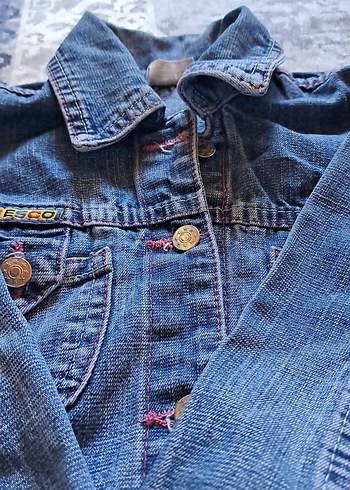 6 Yaş Beden mavi Renk Nakışlı Düğmeli Koyu Mavi Denim Ceket