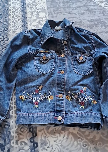 Diğer Nakışlı Düğmeli Koyu Mavi Denim Ceket