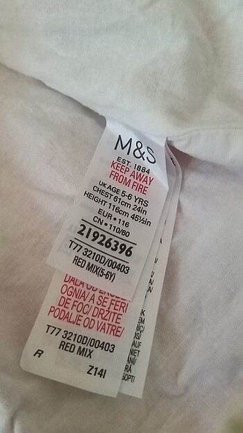 5 Yaş Beden kırmızı Renk M&S marka 5-6 yas