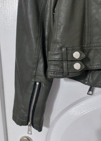 Defacto Kadın Haki Deri Biker Ceket - Görsel 5