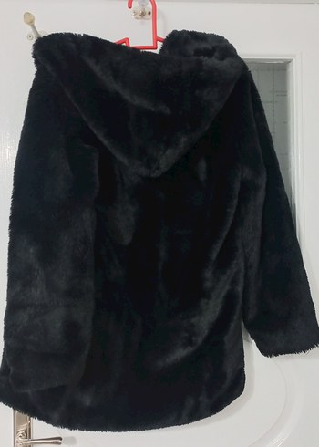 Siyah Kadın Kapüşonlu Suni Kürk Mont - Görsel 2