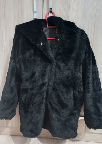 Siyah Kadın Kapüşonlu Suni Kürk Mont - Görsel 7