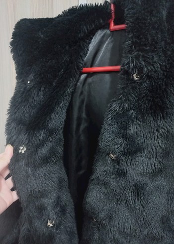 Siyah Kadın Kapüşonlu Suni Kürk Mont - Görsel 8