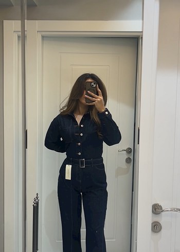 Kadın Siyah Denim Kemerli Tulum - Görsel 2