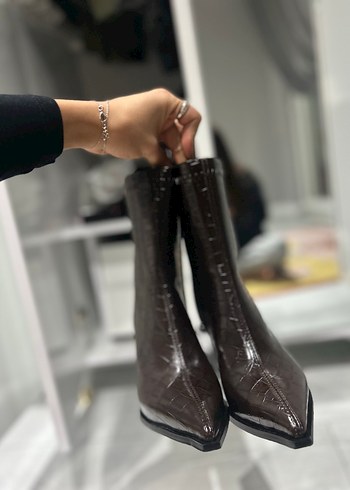 Kahverengi Deri Stiletto Topuklu Kadın Bot - Görsel 3