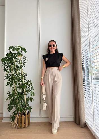 Bej Midi Kadın Kumaş Pantolon - Görsel 3