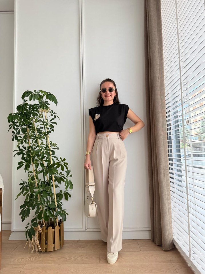 Bej Midi Kadın Kumaş Pantolon - Görsel 3