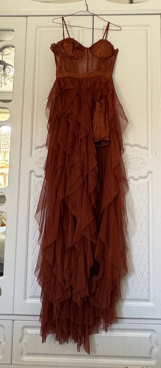 Alfabeta Straplez Yırtmaçlı Katlı Tül Elbise Kiremit Rengi - Görsel 3