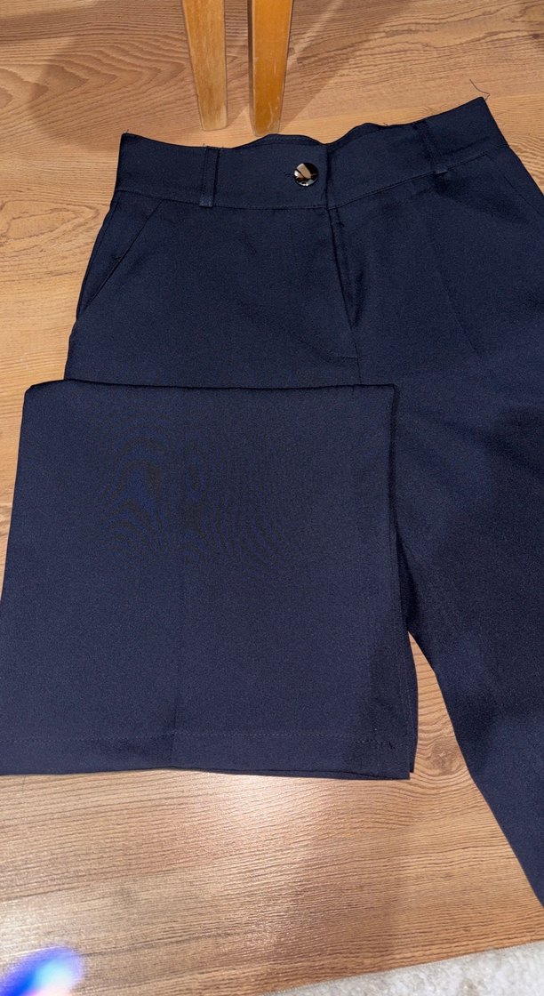 Düğmeli Lacivert yüksek bel Kadın Kumaş Pantolon - Görsel 3