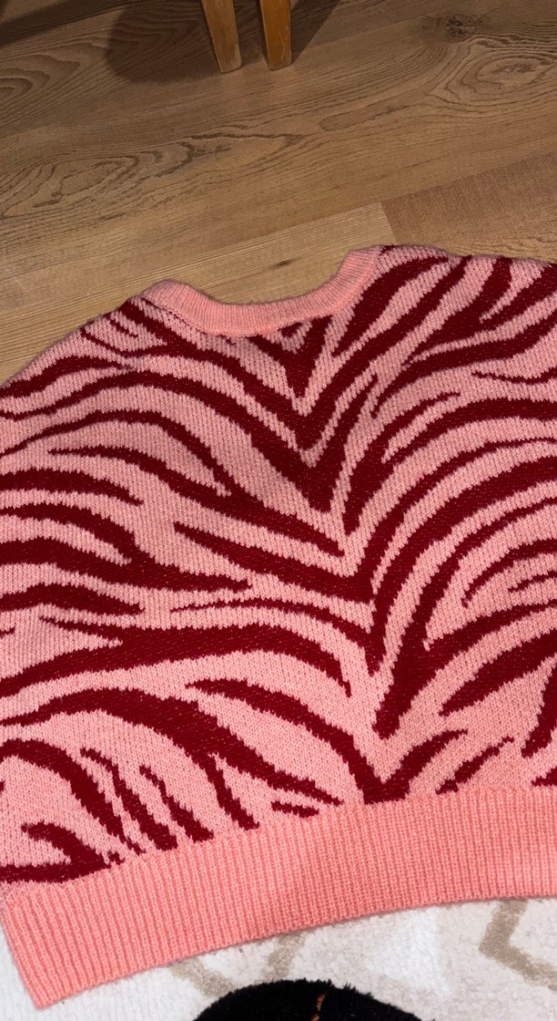 Pembe Zebra Desenli Örgü Kadın Kazak - Görsel 3