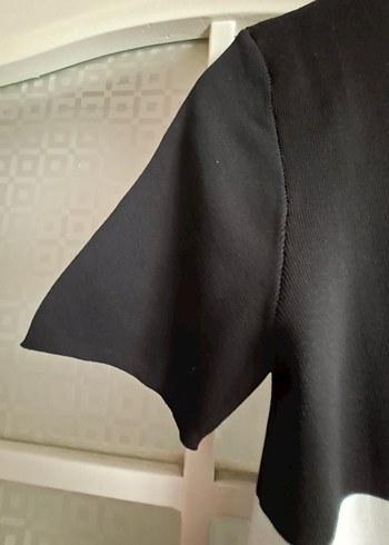 Siyah Beyaz Çizgili Midi  merserize standart bedenli Elbise - Görsel 5