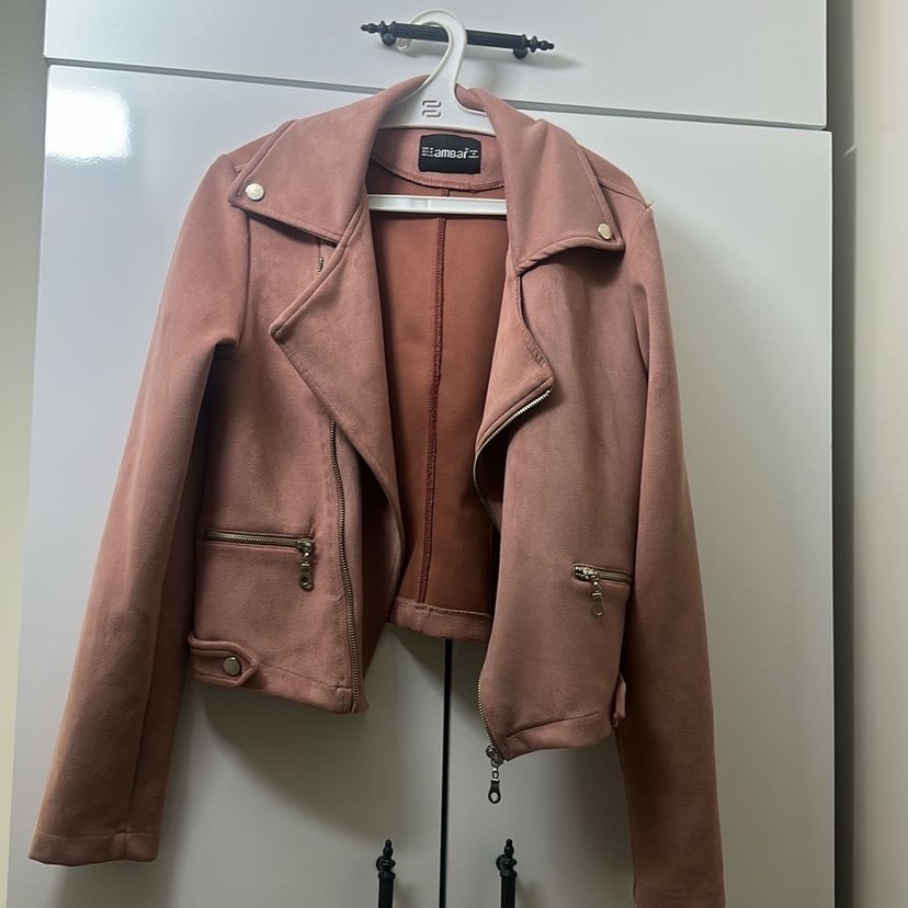 Kadın pembe Süet Fermuarlı Deri Ceket - Görsel 2