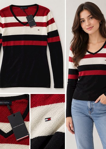 Tommy Hilfiger Cizgili V Yaka Triko Kazak