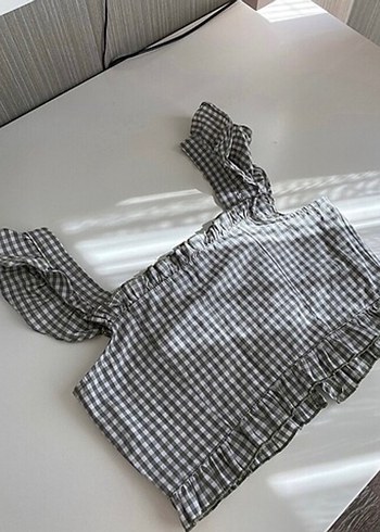 Yeşil Kareli Kare Yaka Fırfırlı Mini Bluz - Görsel 4