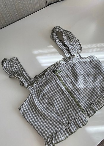 Yeşil Kareli Kare Yaka Fırfırlı Mini Bluz - Görsel 3