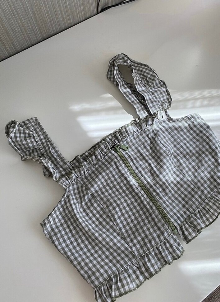 Yeşil Kareli Kare Yaka Fırfırlı Mini Bluz - Görsel 3