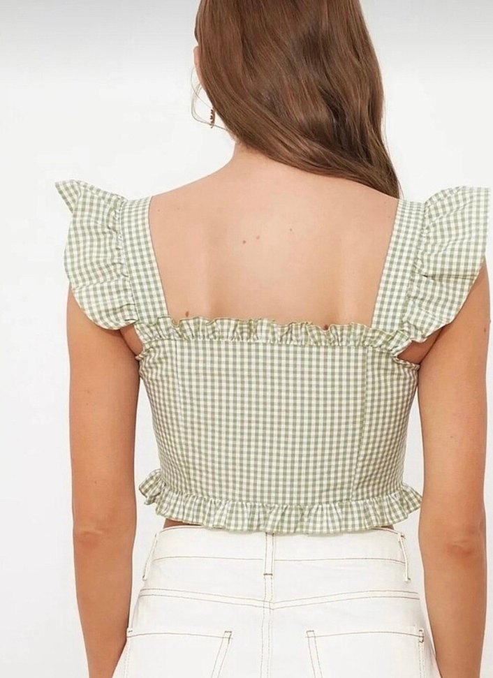 Yeşil Kareli Kare Yaka Fırfırlı Mini Bluz - Görsel 2
