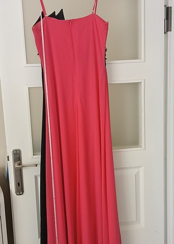 Pembe/Narçiçeği Siyah Nakışlı Uzun İpli Kadın Abiye Elbise - Görsel 3