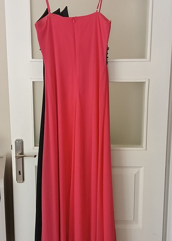 Pembe/Narçiçeği Siyah Nakışlı Uzun İpli Kadın Abiye Elbise - Görsel 2