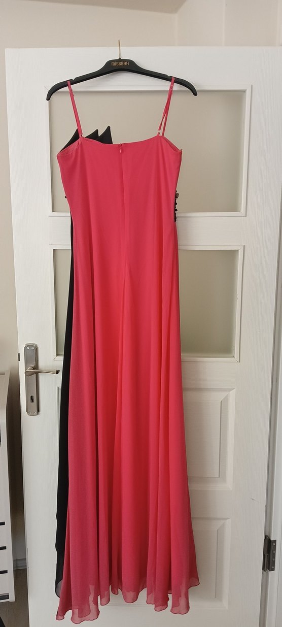 Pembe/Narçiçeği Siyah Nakışlı Uzun İpli Kadın Abiye Elbise - Görsel 2