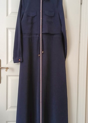 Düğmeli Lacivert Uzun Kadın Elbise - Görsel 3