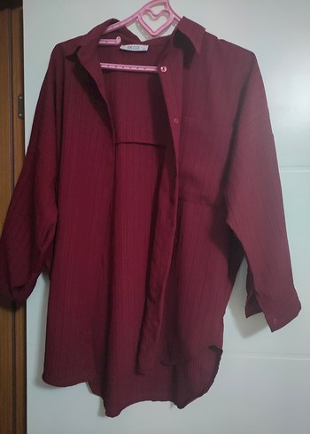 Bordo Uzun Kollu Düğmeli Keten Gömlek - Görsel 2