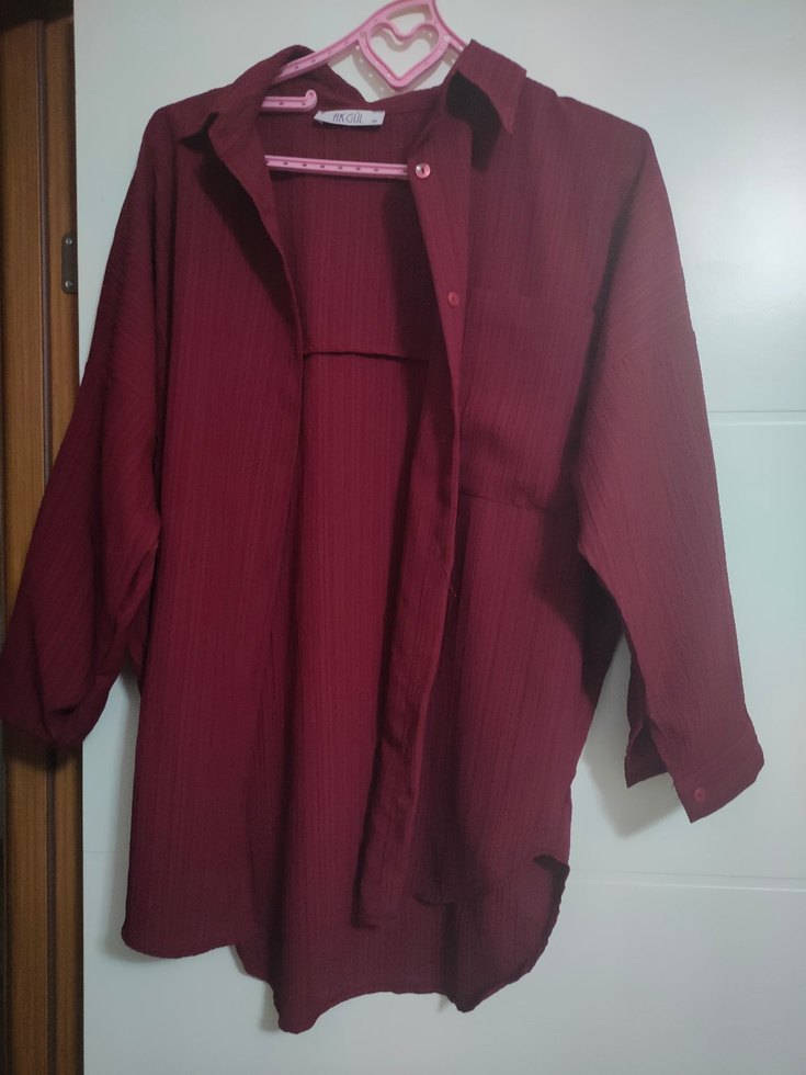 Bordo Uzun Kollu Düğmeli Keten Gömlek - Görsel 2