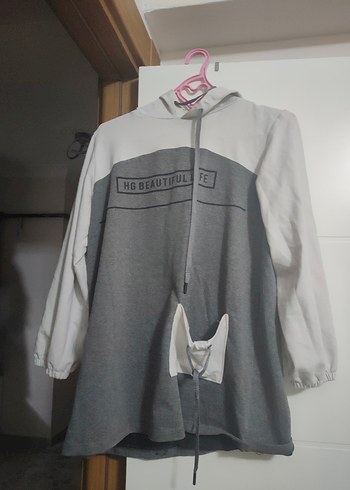 Gri Kapüşonlu Midi Sweatshirt