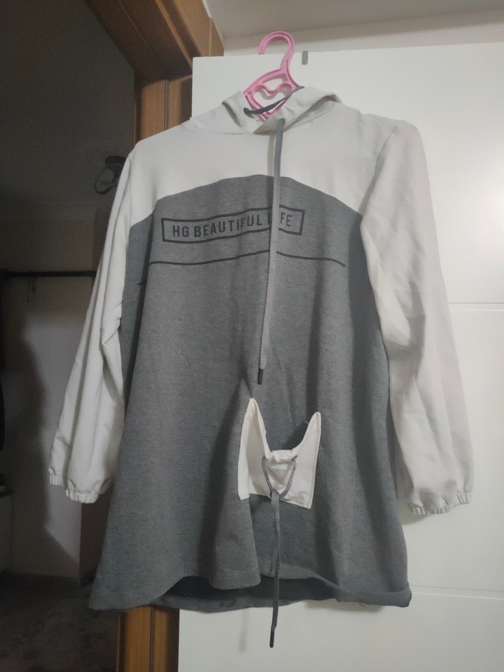 Gri Kapüşonlu Midi Sweatshirt - Görsel 4