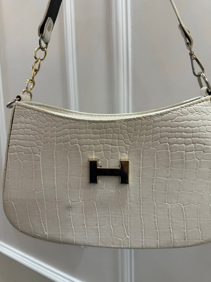 Beyaz Deri Yılan Desenli Kadın Çanta yanında cüzdan hediyeli - Görsel 3