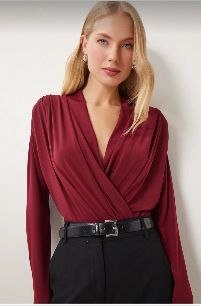 Kadın Bordo Drapeli V Yaka Bluz - Görsel 3