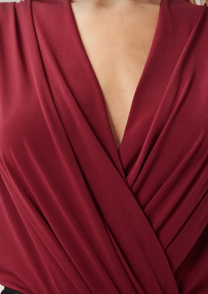 Kadın Bordo Drapeli V Yaka Bluz - Görsel 4