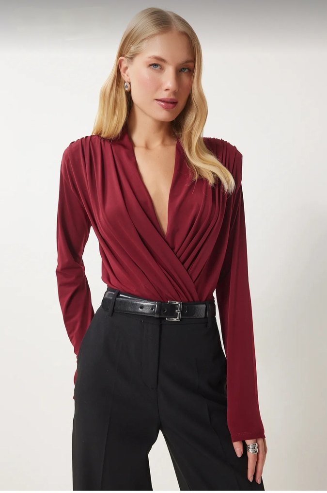 Kadın Bordo Drapeli V Yaka Bluz - Görsel 2