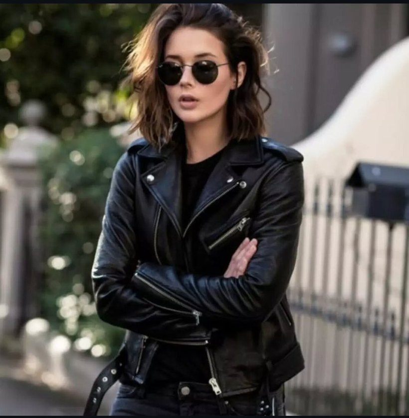 Kadın Siyah Parlak Deri Biker Ceket - Görsel 3