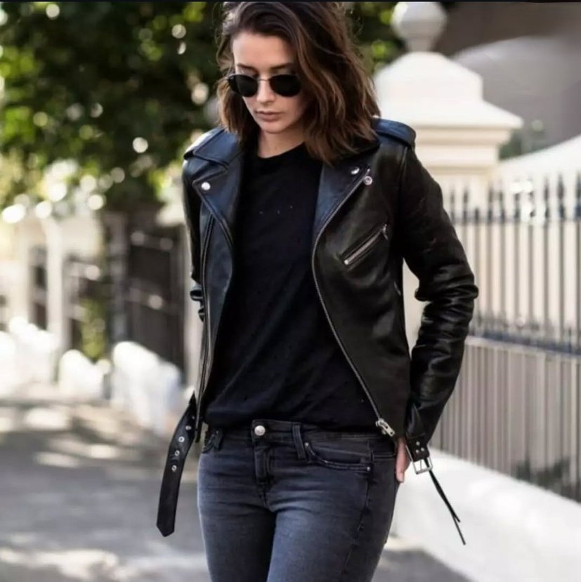 Kadın Siyah Parlak Deri Biker Ceket - Görsel 2