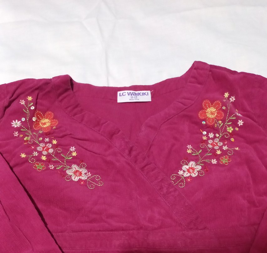 kız çocuk ince kadife nakış süslü tunik bordo 11-12 yaş - Görsel 2