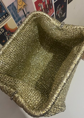Beden Altın Rengi Örgü Kadın Clutch Çanta