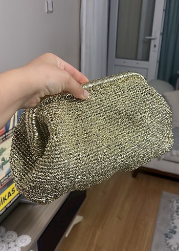 Altın Rengi Örgü Kadın Clutch Çanta