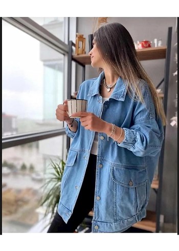 Açık Mavi Bağlama Desenli Uzun Denim Ceket