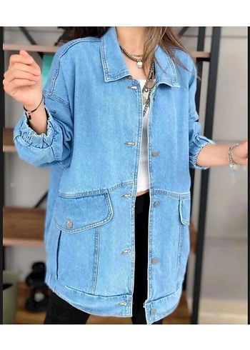 m Beden mavi Renk Açık Mavi Bağlama Desenli Uzun Denim Ceket