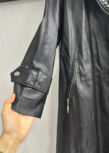 Uzun Siyah Deri Goth Kadın Trençkot - Görsel 5