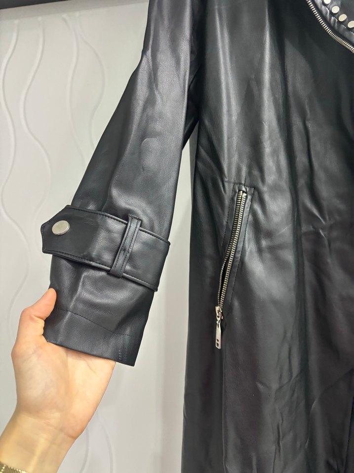 Uzun Siyah Deri Goth Kadın Trençkot - Görsel 5