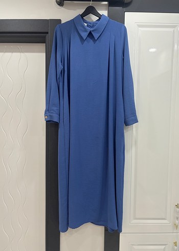 Mavi Uzun Kollu Salaş Keten Elbise - Görsel 5