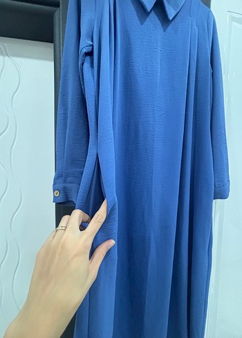 Mavi Uzun Kollu Salaş Keten Elbise - Görsel 3