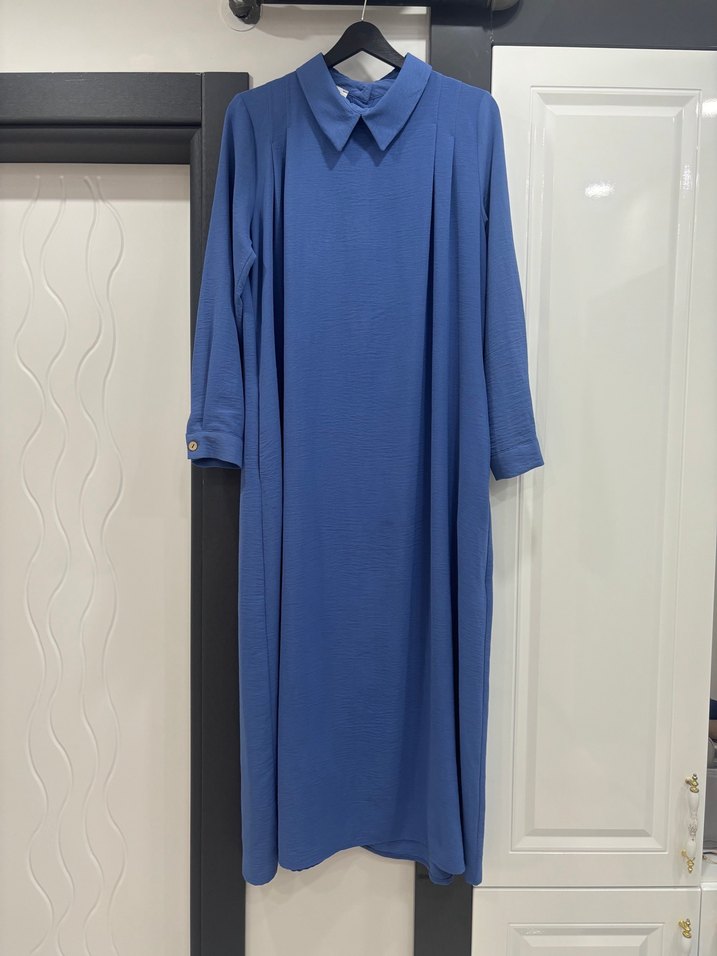 Mavi Uzun Kollu Salaş Keten Elbise - Görsel 5