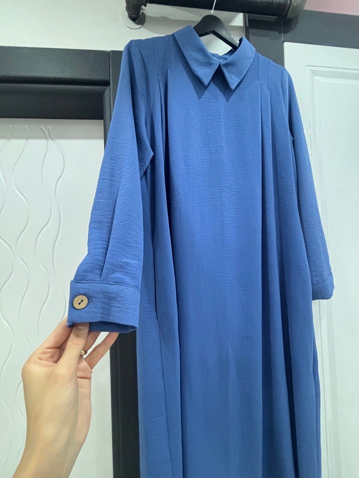 Mavi Uzun Kollu Salaş Keten Elbise - Görsel 2