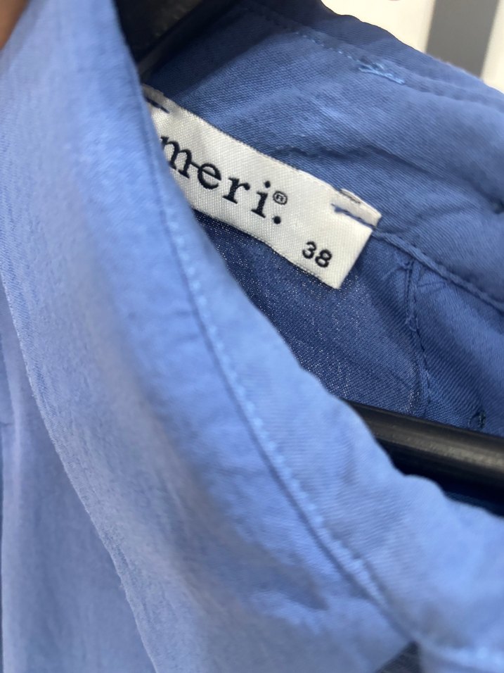 Mavi Uzun Kollu Salaş Keten Elbise - Görsel 4