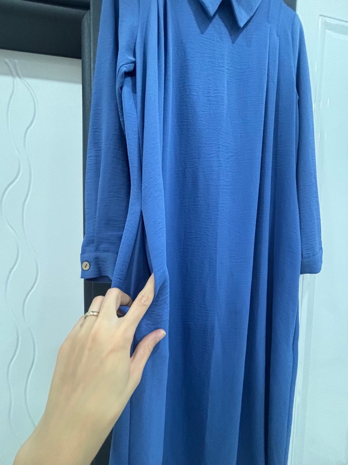 Mavi Uzun Kollu Salaş Keten Elbise - Görsel 3